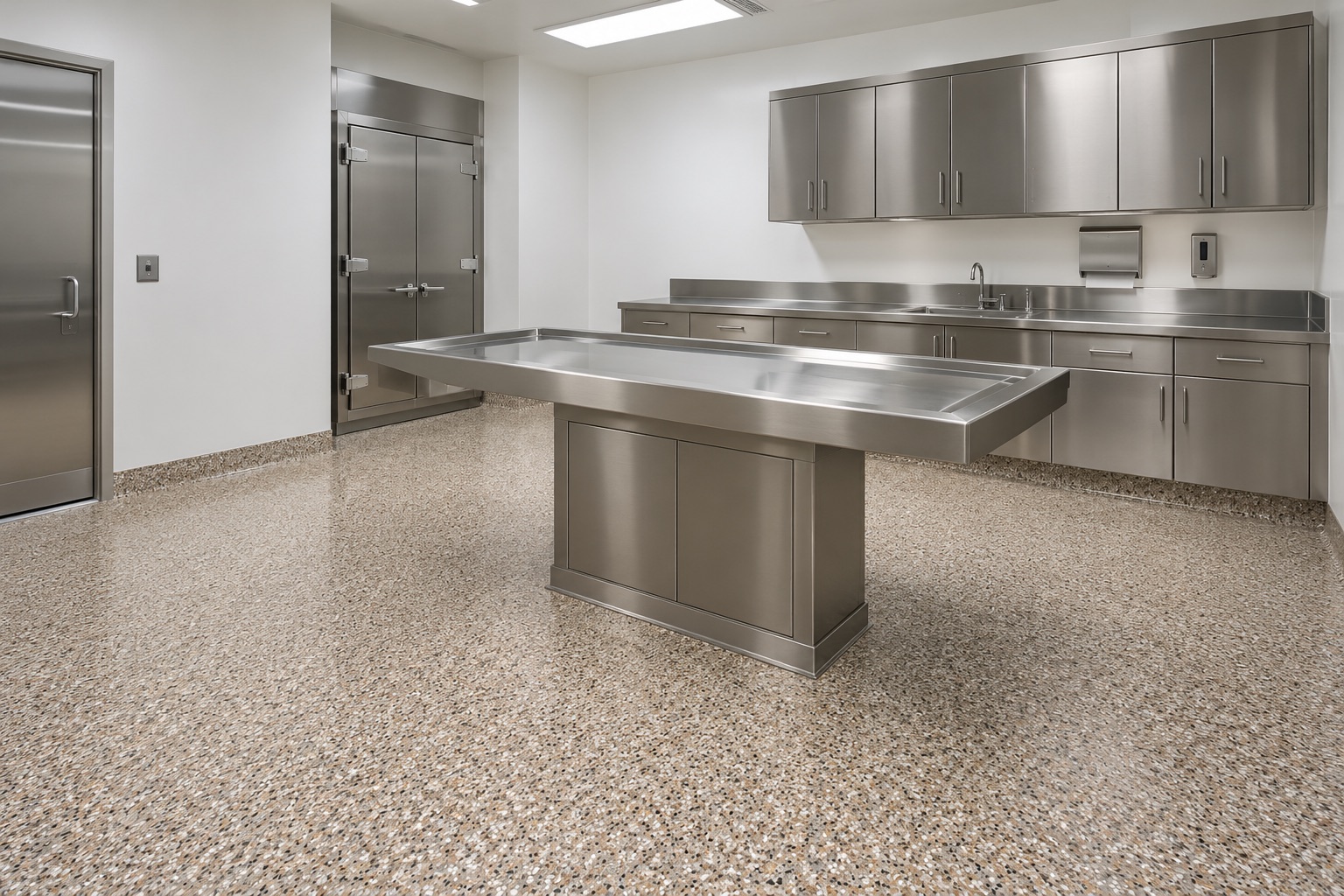 Speckled flake-finish floor in a clean prep room