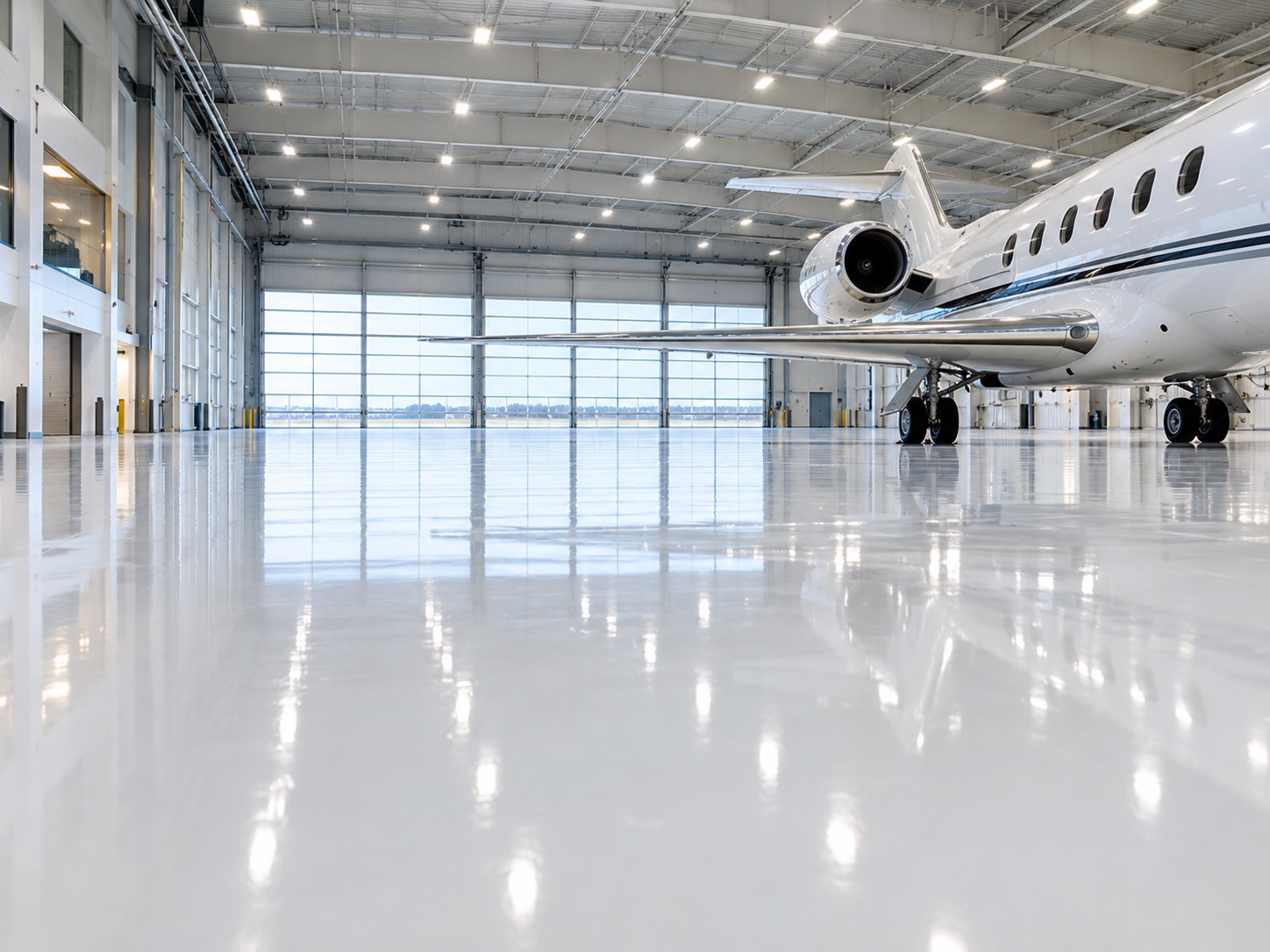 Bright, seamless high-gloss floor in a large commercial space